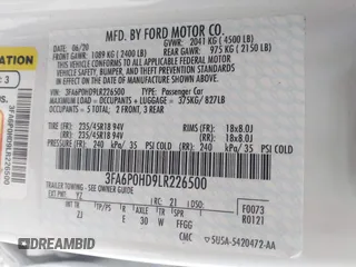 2020 Ford Fusion SE with VIN 3FA6P0HD9LR226500, listed as a IAAI auction lot 42296526 with 48,468 mi miles and . Bid and sale history available at DreamBid. Image 9.