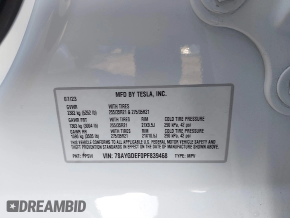 2023 Tesla Model Y Performance with VIN 7SAYGDEF0PF839468, listed as a IAAI auction lot 41609263 with 25,434 mi miles and . Bid and sale history available at DreamBid. Image 9.