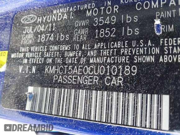 2012 Hyundai Accent GS with VIN KMHCT5AE0CU010189, listed as a IAAI auction lot 42631729 with 169,780 mi miles and . Bid and sale history available at DreamBid. Image 9.