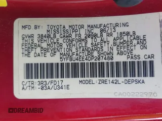 2013 Toyota Corolla L with VIN 5YFBU4EE4DP207480, listed as a IAAI auction lot 42060919 with 129,193 mi miles. Bid and sale history available at carsss.com. Image 9.