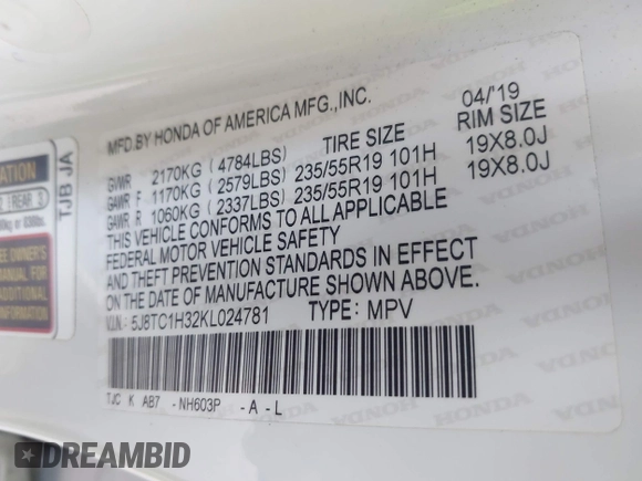 2019 Acura RDX with VIN 5J8TC1H32KL024781, listed as a IAAI auction lot 42509810 with 83,312 mi miles and . Bid and sale history available at DreamBid. Image 9.