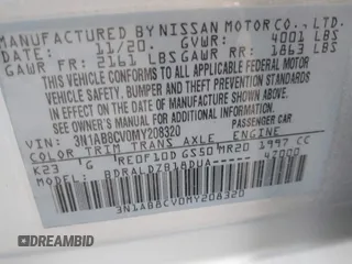 2021 Nissan Sentra SV with VIN 3N1AB8CV0MY208320, listed as a IAAI auction lot 42039115 with 40,728 mi miles and . Bid and sale history available at DreamBid. Image 9.