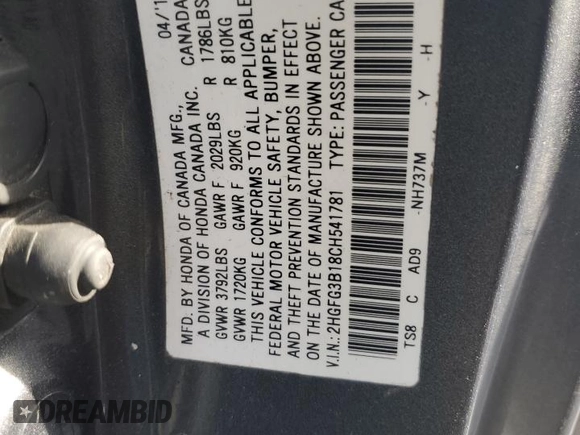 2012 Honda Civic Cpe EX-L with VIN 2HGFG3B18CH541781, listed as a Copart auction lot 50401085 with 141,781 mi miles and Salvage Title. Bid and sale history available at carsss.com. Image 12.