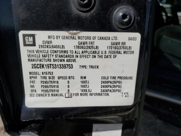 2003 Chevrolet Silverado 1500 LT with VIN 2GCEK19T531339753, listed as a Copart auction lot 54064945 with 156,826 mi miles and Salvage Title. Bid and sale history available at DreamBid. Image 12.