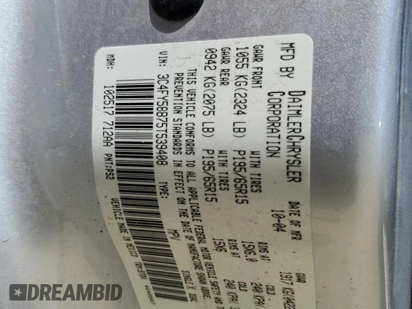 2005 Chrysler PT Cruiser Touring with VIN 3C4FY58B75T539408, listed as a Copart auction lot 55349315 with 146,600 mi miles and Salvage Title. Bid and sale history available at DreamBid. Image 12.