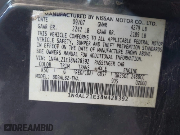 2008 Nissan Altima 2.5 with VIN 1N4AL21E38N428392, listed as a IAAI auction lot 41666178 with 156,808 mi miles. Bid and sale history available at carsss.com. Image 9.