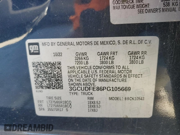 2023 Chevrolet Silverado 1500 LT Trail Boss with VIN 3GCUDFE86PG105669, listed as a Copart auction lot 86084714 with 59,361 mi miles and Salvage Title. Bid and sale history available at DreamBid. Image 12.