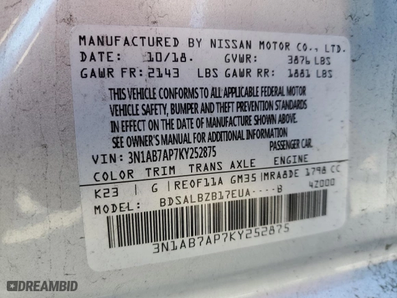 2019 Nissan Sentra S with VIN 3N1AB7AP7KY252875, listed as a Copart auction lot 49173825 with 59,257 mi miles and Salvage Title. Bid and sale history available at carsss.com. Image 12.
