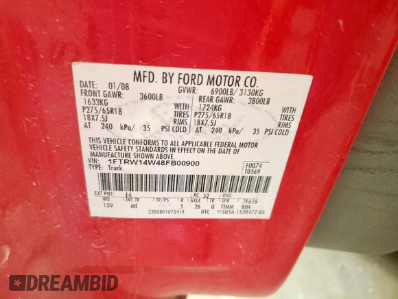 2008 Ford F-150 XL с VIN 1FTRW14W48FB00900, выставлен на аукционе Copart как лот 57503305 с пробегом 309 607 миль миль и Чистый • Clean title. История ставок и продаж доступна на DreamBid. Изображение 12.