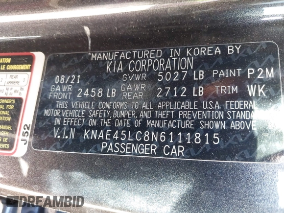 2022 Kia Stinger GT1 with VIN KNAE45LC8N6111815, listed as a IAAI auction lot 41712300 with 58,779 mi miles and . Bid and sale history available at DreamBid. Image 9.