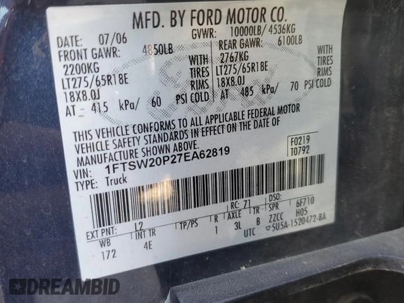 2007 Ford Super Duty F-250 XL with VIN 1FTSW20P27EA62819, listed as a Copart auction lot 82881444 with 244,004 mi miles and Salvage Title. Bid and sale history available at carsss.com. Image 12.