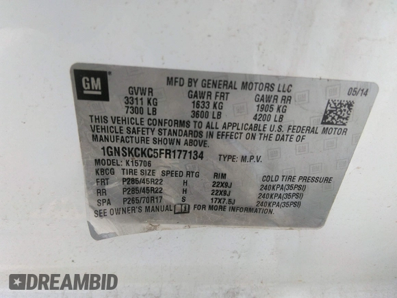 2015 Chevrolet Tahoe LTZ z VIN 1GNSKCKC5FR177134, wystawiony jako IAAI lot #41460583 z przebiegiem 202 924 mil mil oraz . Historia ofert i sprzedaży dostępna na DreamBid. Obrazek 9.