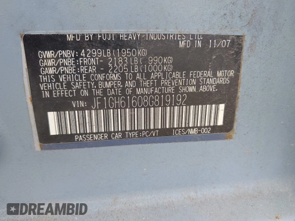 2008 Subaru Impreza i с VIN JF1GH61608G819192, выставлен на аукционе IAAI как лот 42294863 с пробегом 163 105 миль миль и . История ставок и продаж доступна на DreamBid. Изображение 9.