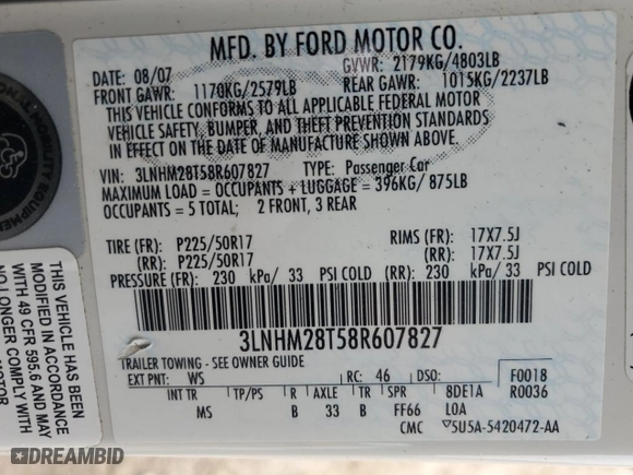 2008 Lincoln MKZ with VIN 3LNHM28T58R607827, listed as a Copart auction lot 82749594 with 48,261 mi miles and Salvage Title. Bid and sale history available at carsss.com. Image 14.