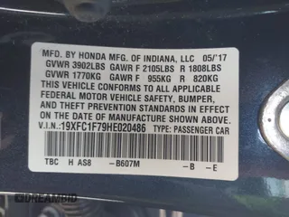 2017 Honda Civic Sedan EX-L with VIN 19XFC1F79HE020486, listed as a IAAI auction lot 41694311 with 77,391 mi miles. Bid and sale history available at carsss.com. Image 9.