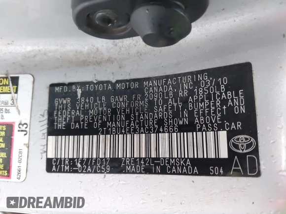 2010 Toyota Corolla with VIN 2T1BU4EE3AC374666, listed as a IAAI auction lot 41041918 with Not Provided miles and . Bid and sale history available at DreamBid. Image 9.
