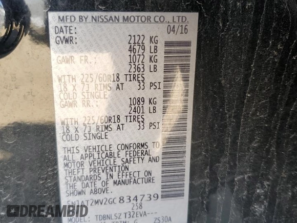 2016 Nissan Rogue SL with VIN 5N1AT2MV2GC834739, listed as a Copart auction lot 52428095 with 56,641 mi miles and Salvage Title. Bid and sale history available at DreamBid. Image 13.