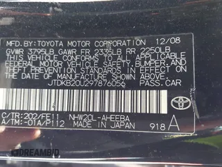 2009 Toyota Prius with VIN JTDKB20U297876056, listed as a IAAI auction lot 42145738 with Not Provided miles. Bid and sale history available at carsss.com. Image 9.