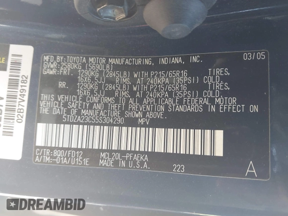 2005 Toyota Sienna CE with VIN 5TDZA23C55S304290, listed as a IAAI auction lot 41740358 with 150,535 mi miles and . Bid and sale history available at DreamBid. Image 9.