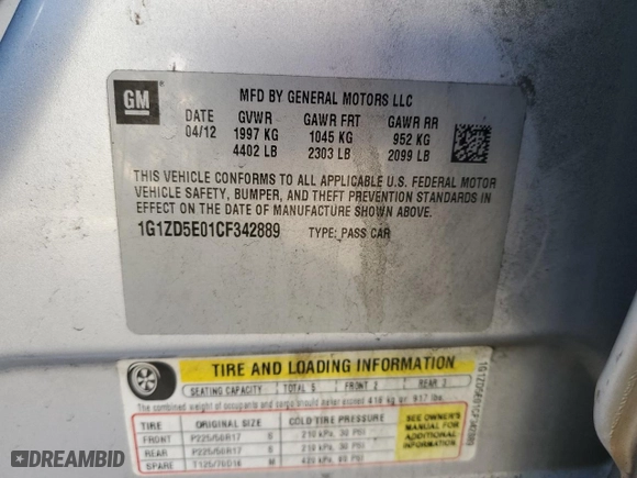 2012 Chevrolet Malibu LT w/2LT with VIN 1G1ZD5E01CF342889, listed as a Copart auction lot 46584935 with 241,075 mi miles and Salvage Title. Bid and sale history available at carsss.com. Image 14.