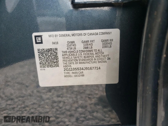 2018 Chevrolet Impala LT z VIN 2G1105S34J9167714, wystawiony jako Copart lot #55291375 z przebiegiem 153 065 mil mil oraz Szkoda całkowita • Salvage title. Historia ofert i sprzedaży dostępna na DreamBid. Obrazek 12.