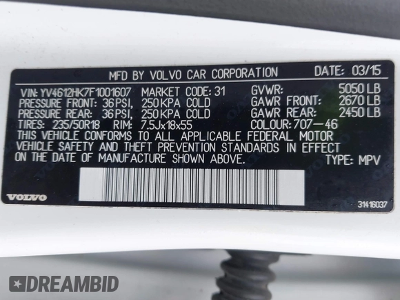 2015 Volvo V60 Cross Country T5 with VIN YV4612HK7F1001607, listed as a IAAI auction lot 41216339 with 138,069 mi miles. Bid and sale history available at carsss.com. Image 9.