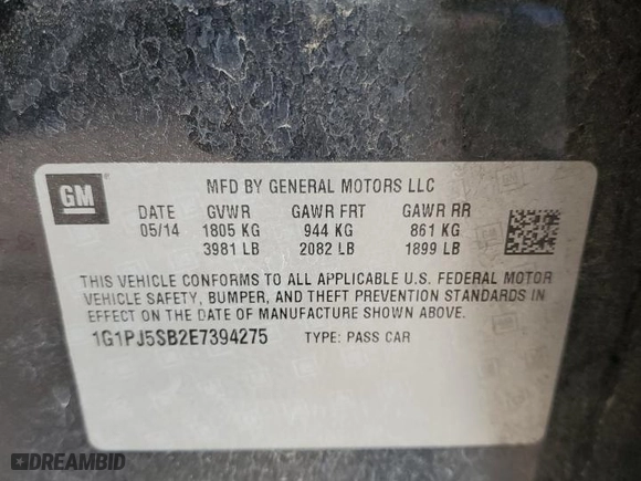 2014 Chevrolet Cruze ECO with VIN 1G1PJ5SB2E7394275, listed as a Copart auction lot 48231665 with 82,838 mi miles and Salvage Title. Bid and sale history available at carsss.com. Image 12.