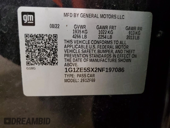 2022 Chevrolet Malibu Premier with VIN 1G1ZE5SX2NF197086, listed as a Copart auction lot 52336735 with 16,669 mi miles and Salvage Title. Bid and sale history available at DreamBid. Image 12.