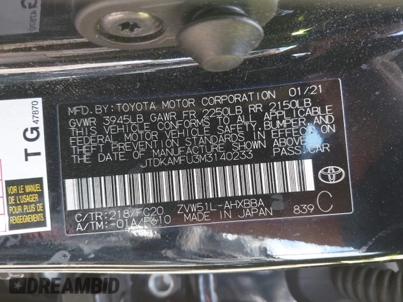 2021 Toyota Prius L Eco with VIN JTDKAMFU3M3140233, listed as a IAAI auction lot 42182685 with 38,842 mi miles and . Bid and sale history available at DreamBid. Image 9.
