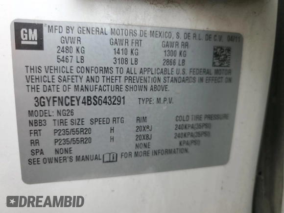 2011 Cadillac SRX Premium Collection with VIN 3GYFNCEY4BS643291, listed as a Copart auction lot 47780425 with 233,883 mi miles and Clean Title. Bid and sale history available at carsss.com. Image 13.