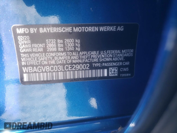 2020 BMW 8 Series M850i with VIN WBAGV8C03LCE29002, listed as a Copart auction lot 49397715 with Not provided miles and Salvage title. Bid and sale history available at DreamBid. Image 13.