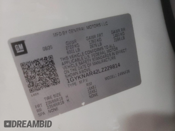 2020 Cadillac XT5 Luxury FWD with VIN 1GYKNAR42LZ229814, listed as a Copart auction lot 85808514 with 45,827 mi miles and Salvage title. Bid and sale history available at DreamBid. Image 13.