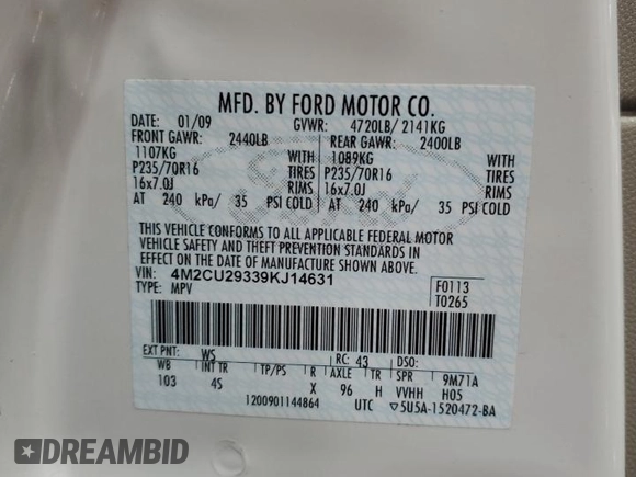 2009 Mercury Mariner Hybrid with VIN 4M2CU29339KJ14631, listed as a Copart auction lot 71823674 with 190,853 mi miles and Salvage title. Bid and sale history available at DreamBid. Image 13.
