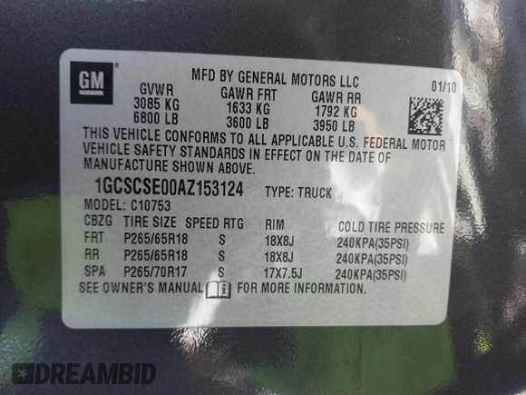2010 Chevrolet Silverado 1500 LT with VIN 1GCSCSE00AZ153124, listed as a IAAI auction lot 41307647 with 174,991 mi miles and . Bid and sale history available at DreamBid. Image 9.