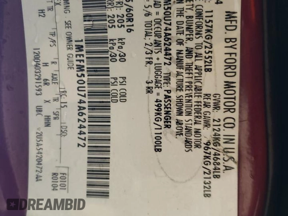 2004 Mercury Sable GS z VIN 1MEFM50U74A624472, wystawiony jako Copart lot #49885305 z przebiegiem 115 247 mil mil oraz Szkoda całkowita • Salvage title. Historia ofert i sprzedaży dostępna na DreamBid. Obrazek 12.