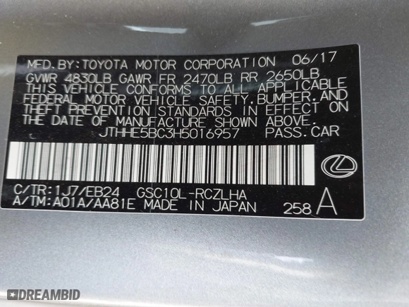 2017 Lexus RC with VIN JTHHE5BC3H5016957, listed as a IAAI auction lot 41190649 with 71,401 mi miles. Bid and sale history available at carsss.com. Image 9.