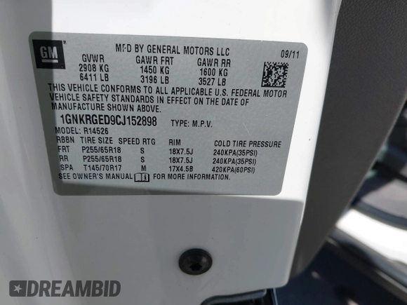 2012 Chevrolet Traverse 1LT with VIN 1GNKRGED9CJ152898, listed as a IAAI auction lot 42015588 with 166,444 mi miles and . Bid and sale history available at DreamBid. Image 9.