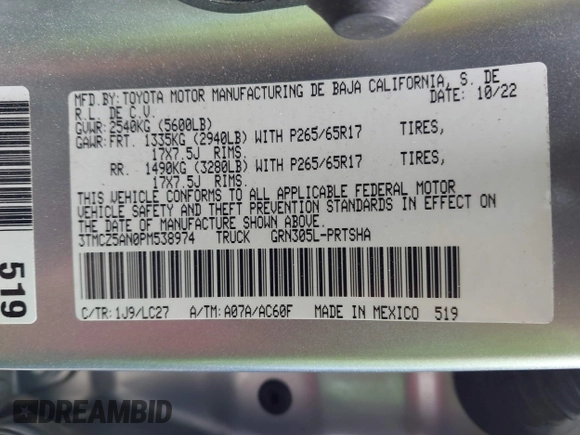 2023 Toyota Tacoma SR z VIN 3TMCZ5AN0PM538974, wystawiony jako IAAI lot #42510020 z przebiegiem 31 281 mil mil oraz . Historia ofert i sprzedaży dostępna na DreamBid. Obrazek 9.