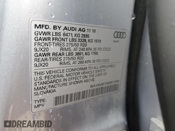 2019 Audi Q8 Premium with VIN WA1AVAF1XKD017065, listed as a Copart auction lot 37244513 with 54,174 mi miles. Bid and sale history available at carsss.com. Image 15.