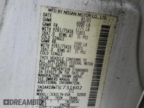 2005 Nissan Pathfinder XE with VIN 5N1AR18W75C731602, listed as a Copart auction lot 81708433 with Not provided miles and Salvage title. Bid and sale history available at DreamBid. Image 12.