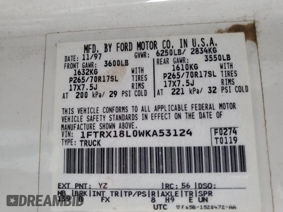 1998 Ford F-150 с VIN 1FTRX18L0WKA53124, выставлен на аукционе Copart как лот 66466945 с пробегом 252 908 миль миль и Чистый • Clean title. История ставок и продаж доступна на DreamBid. Изображение 12.
