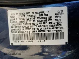 2008 Honda Odyssey EX с VIN 5FNRL38468B017860, выставлен на аукционе Copart как лот 53922395 с пробегом Не указан миль и Списание • Salvage title. История ставок и продаж доступна на DreamBid. Изображение 13.