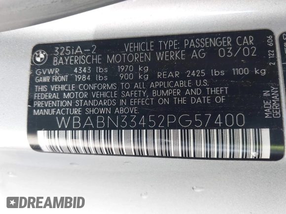 2002 BMW 3 Series 325Ci with VIN WBABN33452PG57400, listed as a IAAI auction lot 41947295 with 230,196 mi miles and . Bid and sale history available at DreamBid. Image 9.