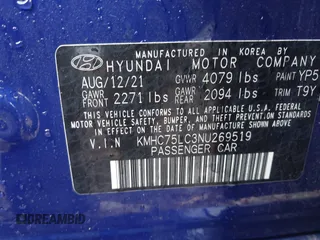2022 Hyundai Ioniq SE with VIN KMHC75LC3NU269519, listed as a IAAI auction lot 41846909 with 24,343 mi miles and . Bid and sale history available at DreamBid. Image 9.