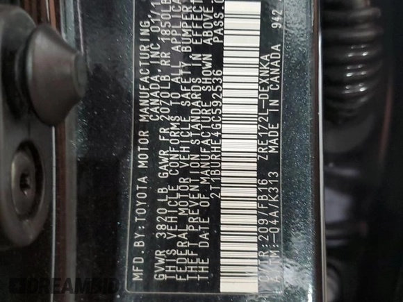 2016 Toyota Corolla L z VIN 2T1BURHE4GC592536, wystawiony jako Copart lot #58008015 z przebiegiem 58 313 mil mil oraz Szkoda całkowita • Salvage title. Historia ofert i sprzedaży dostępna na DreamBid. Obrazek 12.