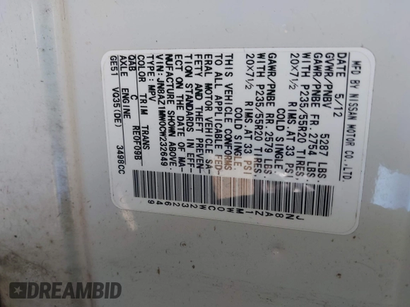 2012 Nissan Murano SL with VIN JN8AZ1MW0CW232649, listed as a IAAI auction lot 41698349 with 32,108 mi miles and . Bid and sale history available at DreamBid. Image 9.