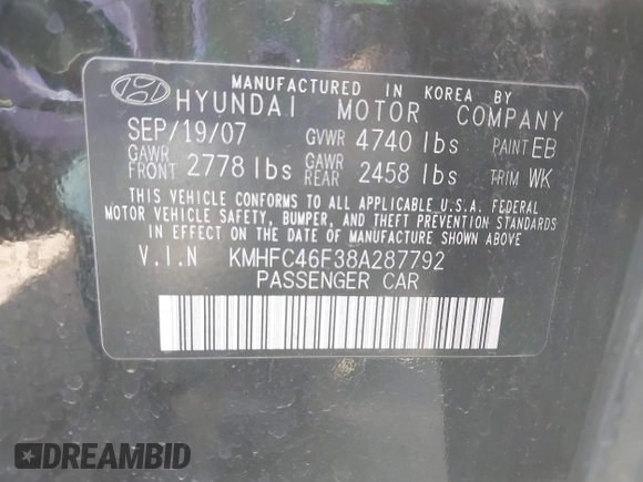 2008 Hyundai Azera Limited with VIN KMHFC46F38A287792, listed as a IAAI auction lot 42397354 with 101,209 mi miles and . Bid and sale history available at DreamBid. Image 9.