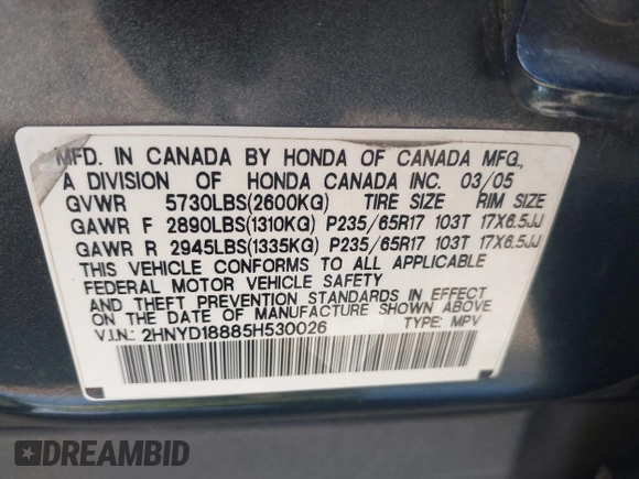 2005 Acura MDX Touring z VIN 2HNYD18885H530026, wystawiony jako IAAI lot #42414576 z przebiegiem 199 421 mil mil oraz . Historia ofert i sprzedaży dostępna na DreamBid. Obrazek 9.
