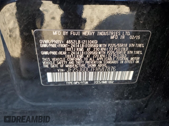 2015 Subaru Forester 2.0XT Premium with VIN JF2SJGDC7FH587876, listed as a Copart auction lot 50207295 with 99,291 mi miles and Salvage Title. Bid and sale history available at carsss.com. Image 12.
