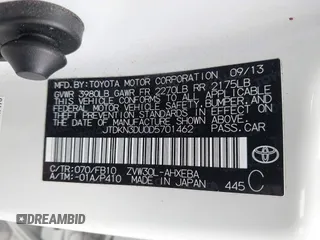 2013 Toyota Prius One with VIN JTDKN3DU0D5701462, listed as a IAAI auction lot 42068641 with 155,919 mi miles. Bid and sale history available at carsss.com. Image 9.